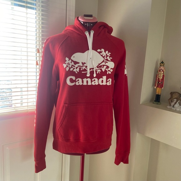 Roots Canada Women Red and White Logo Long Sleeve Hoodie. Size S. Used. - Picture 1 of 14